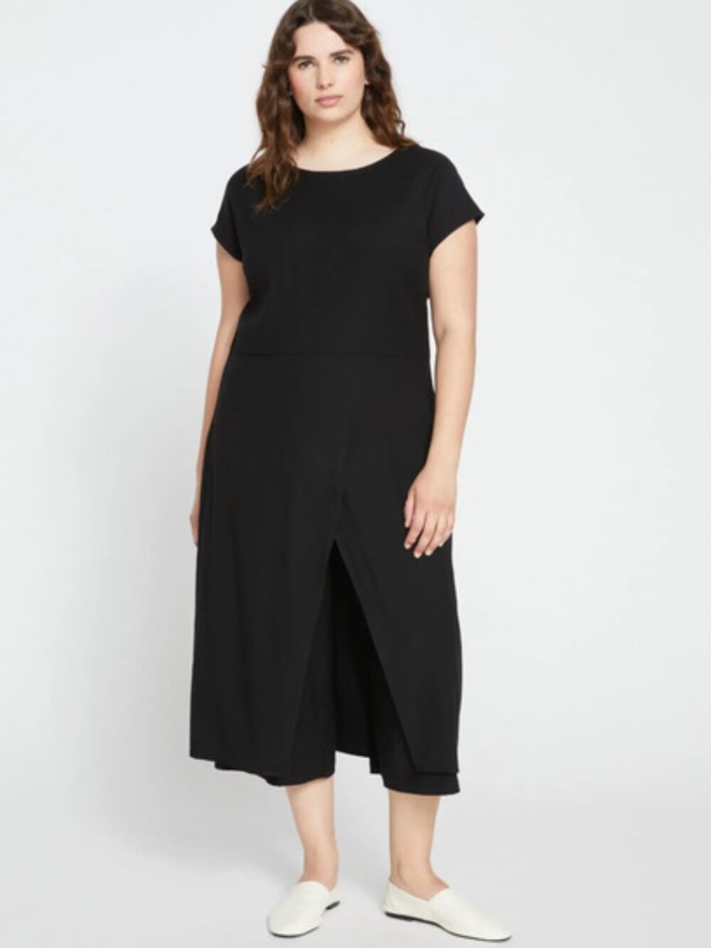 Universal Standard Black Adda Double Luxe Tunic Midi Dress Lagenlook Minimal LG